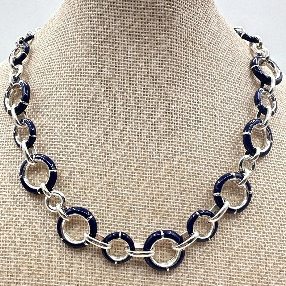 Vintage Y2K Silver‎ Tone Blue Enamel Circle Link Choker Necklace Women's Jewelry